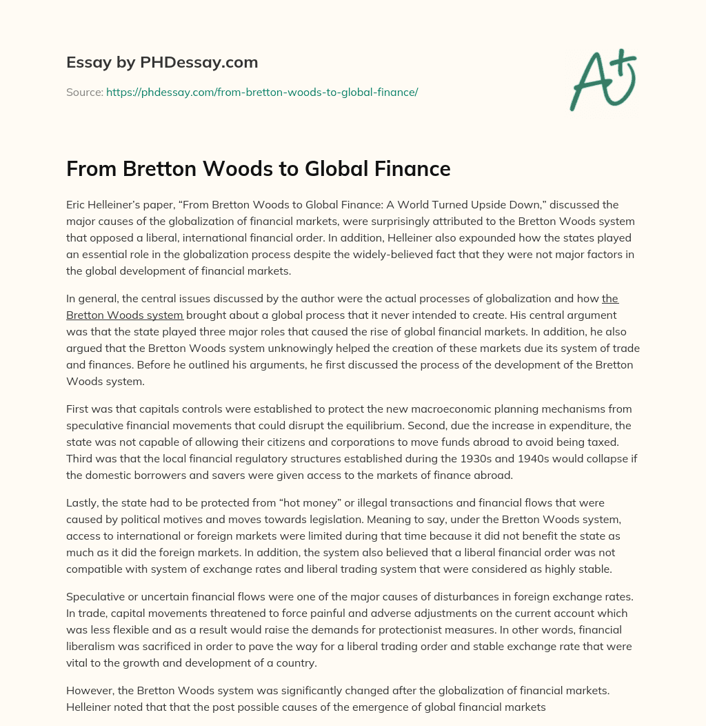 From Bretton Woods to Global Finance essay