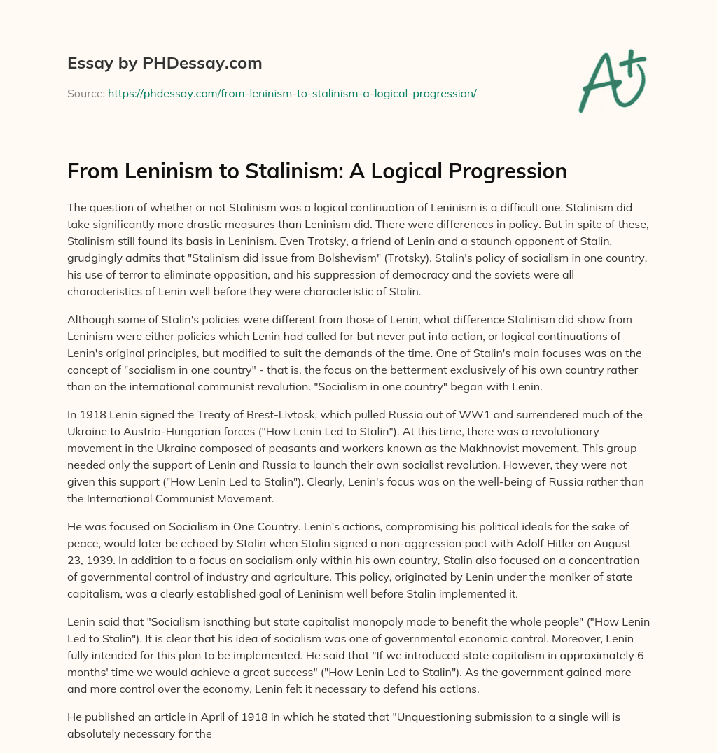 From Leninism to Stalinism: A Logical Progression essay