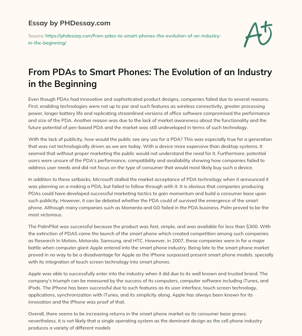 From PDAs to Smart Phones: The Evolution of an Industry in the Beginning essay