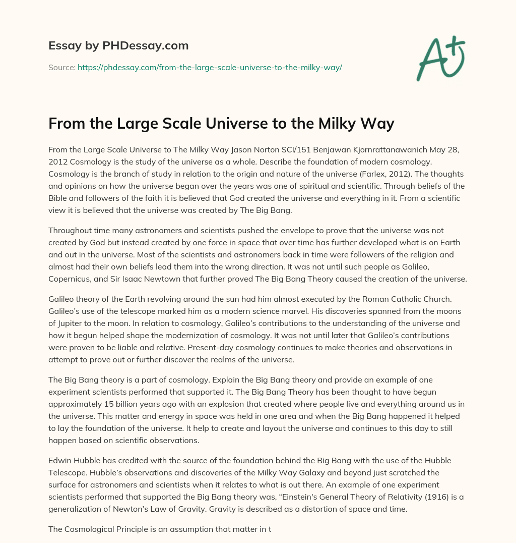 From the Large Scale Universe to the Milky Way essay