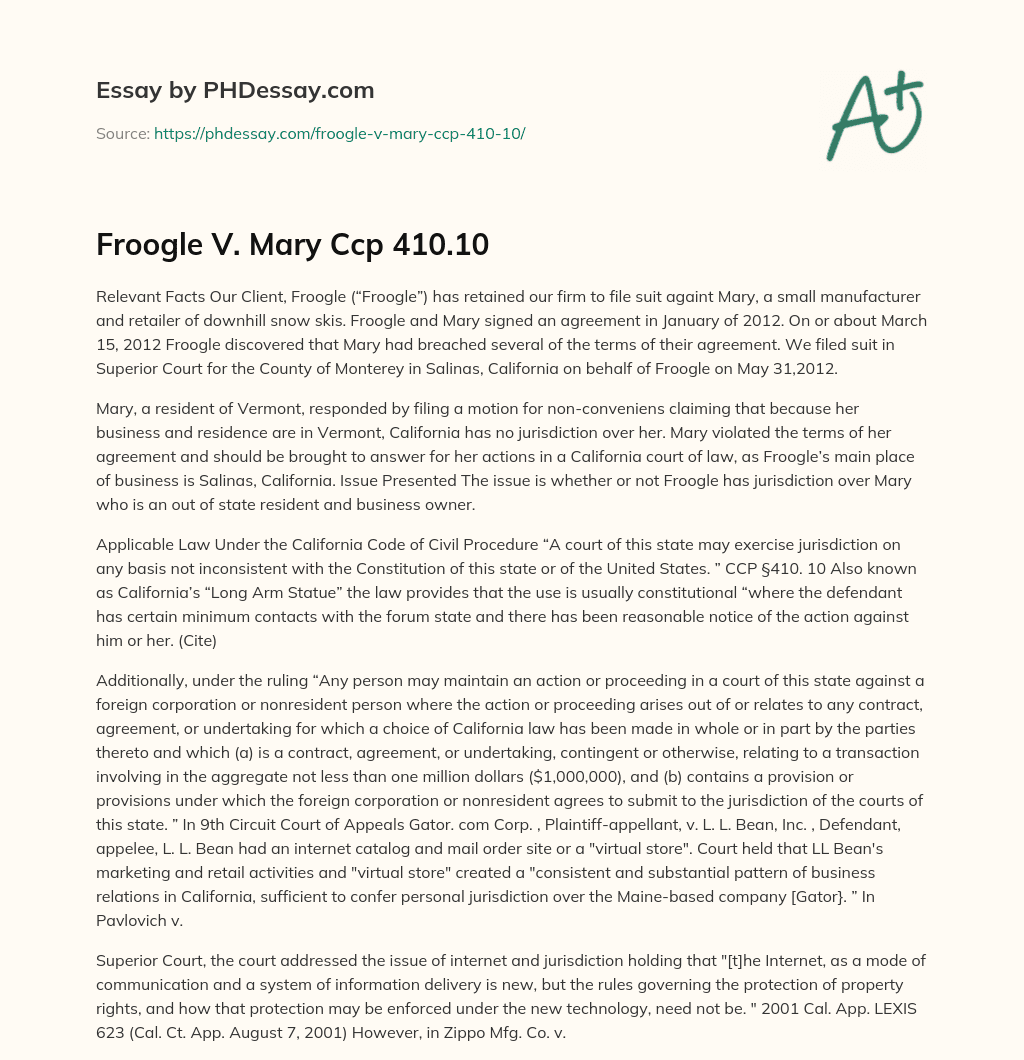 Froogle V. Mary Ccp 410.10 essay