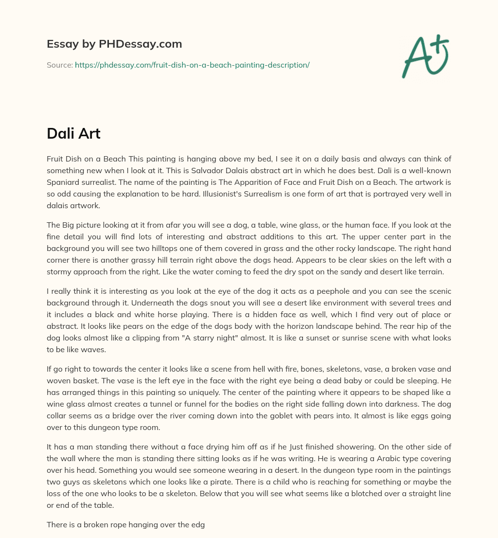 Salvador Dali’s Surrealist Painting: The Apparition of Face and Fruit Dish on a Beach essay