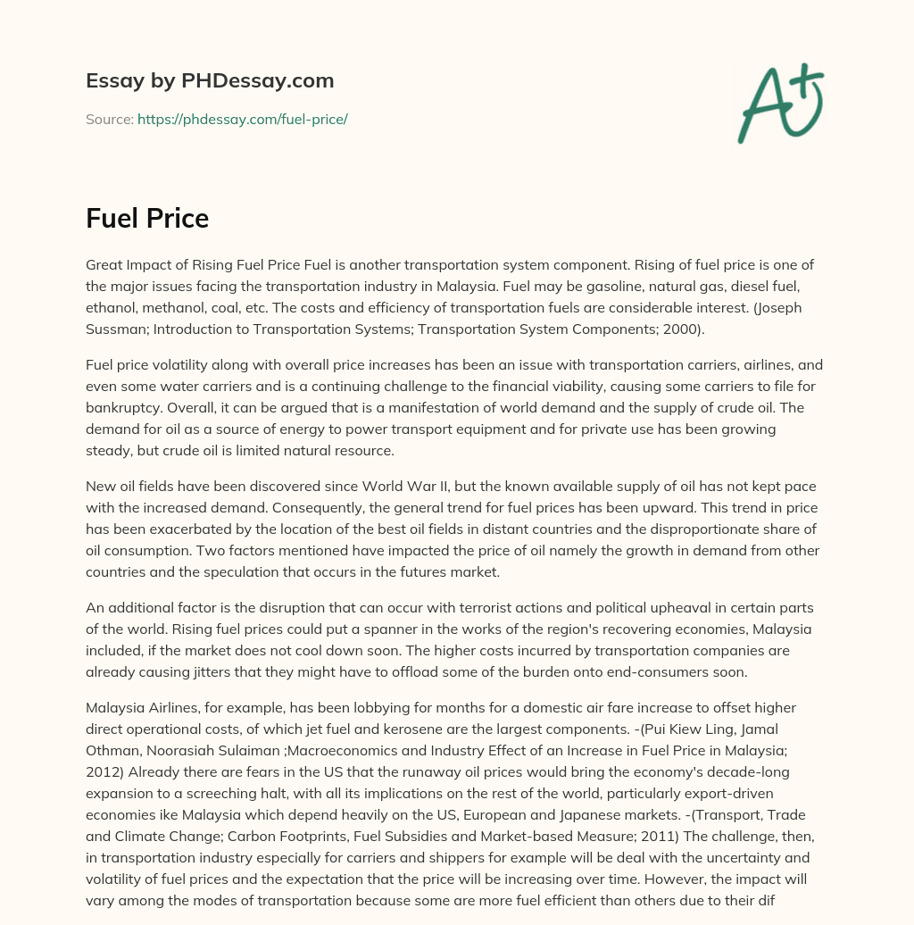 Rising Fuel Prices and Their Impact on Transportation Industry in Malaysia essay