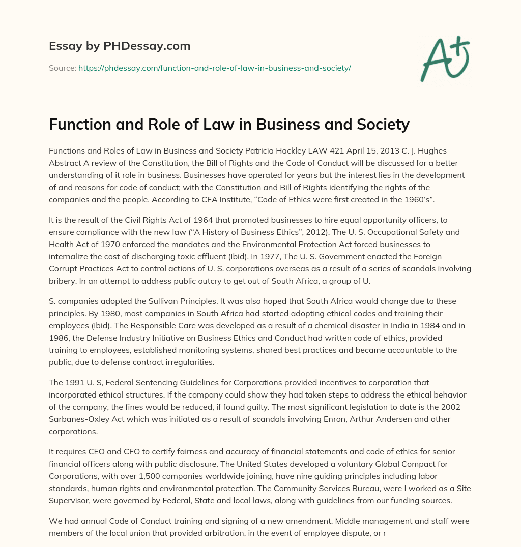 Function and Role of Law in Business and Society essay