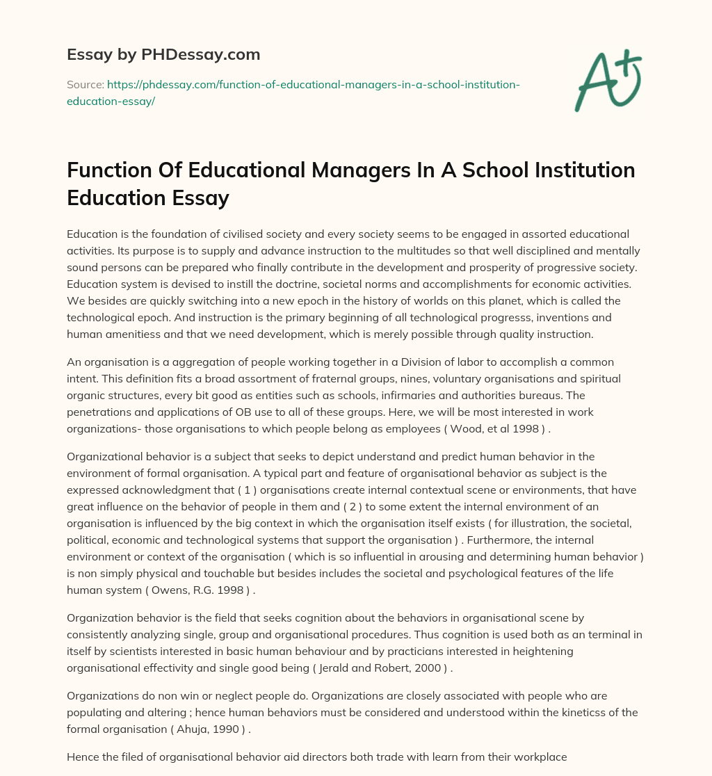 Function Of Educational Managers In A School Institution Education Essay essay