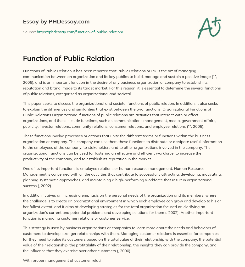 Function of Public Relation essay