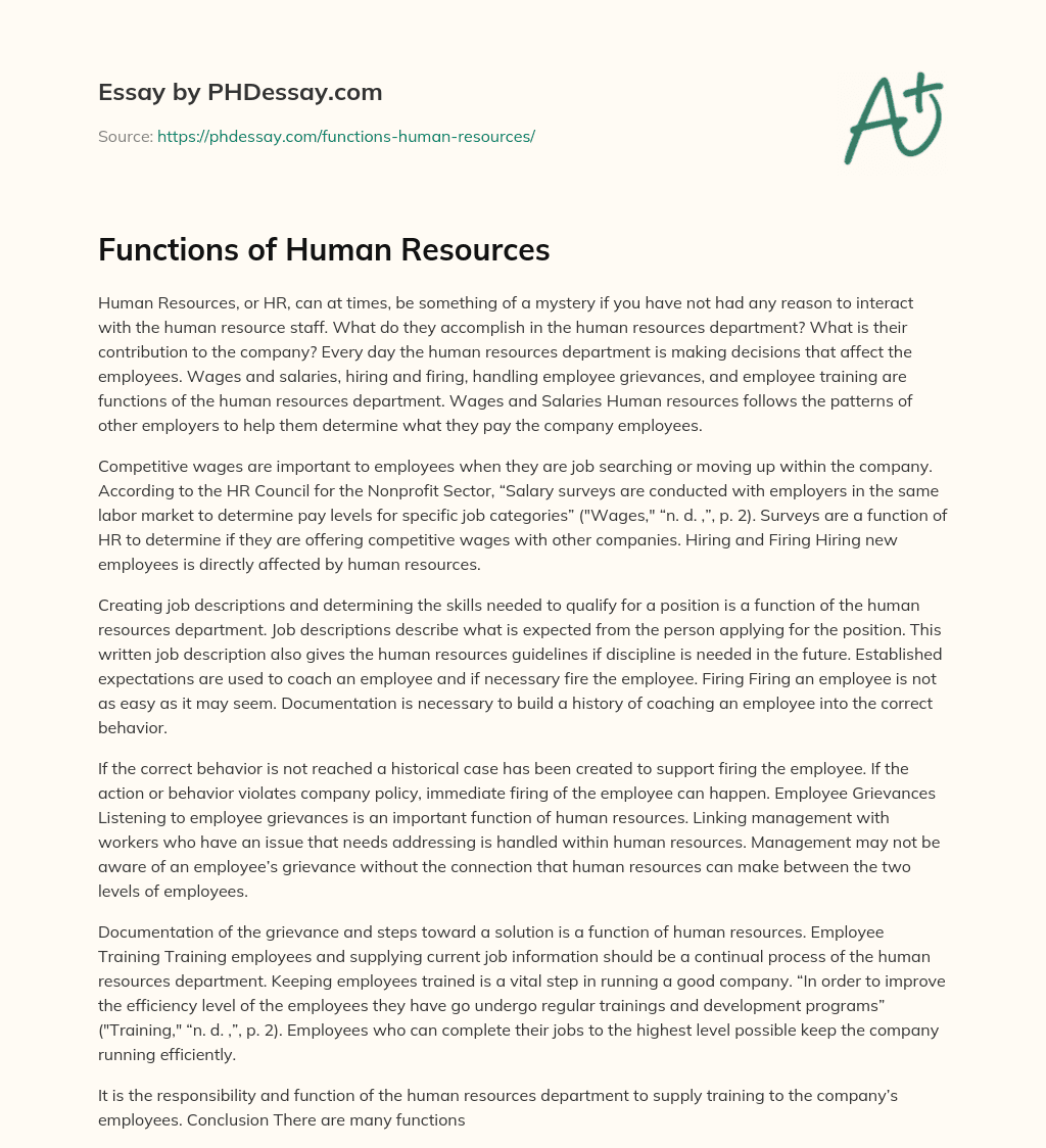 Functions of Human Resources essay