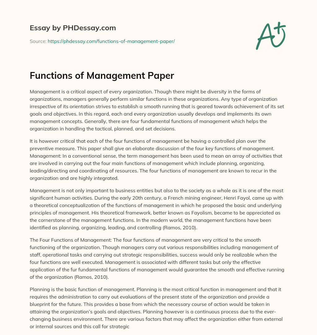 Functions of Management Paper - PHDessay.com