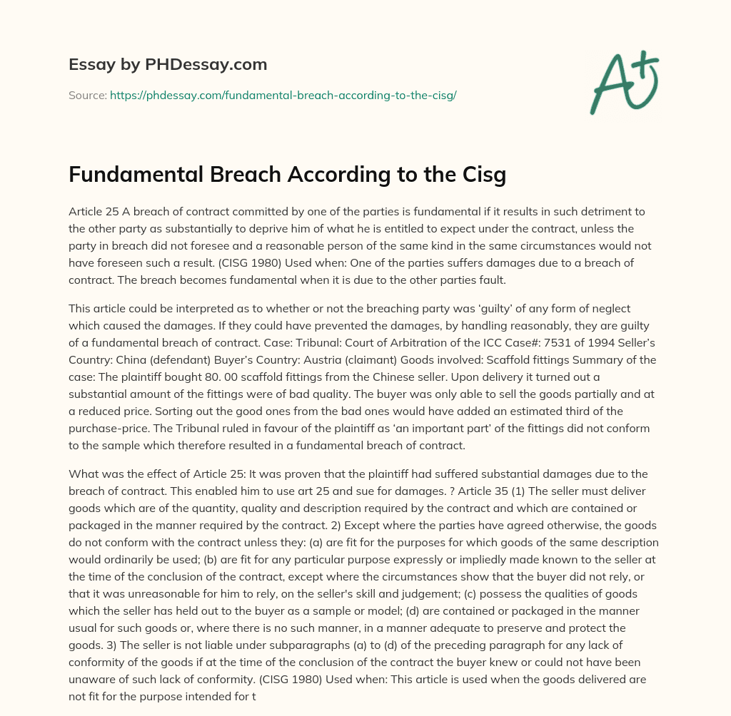 Fundamental Breach According to the Cisg essay