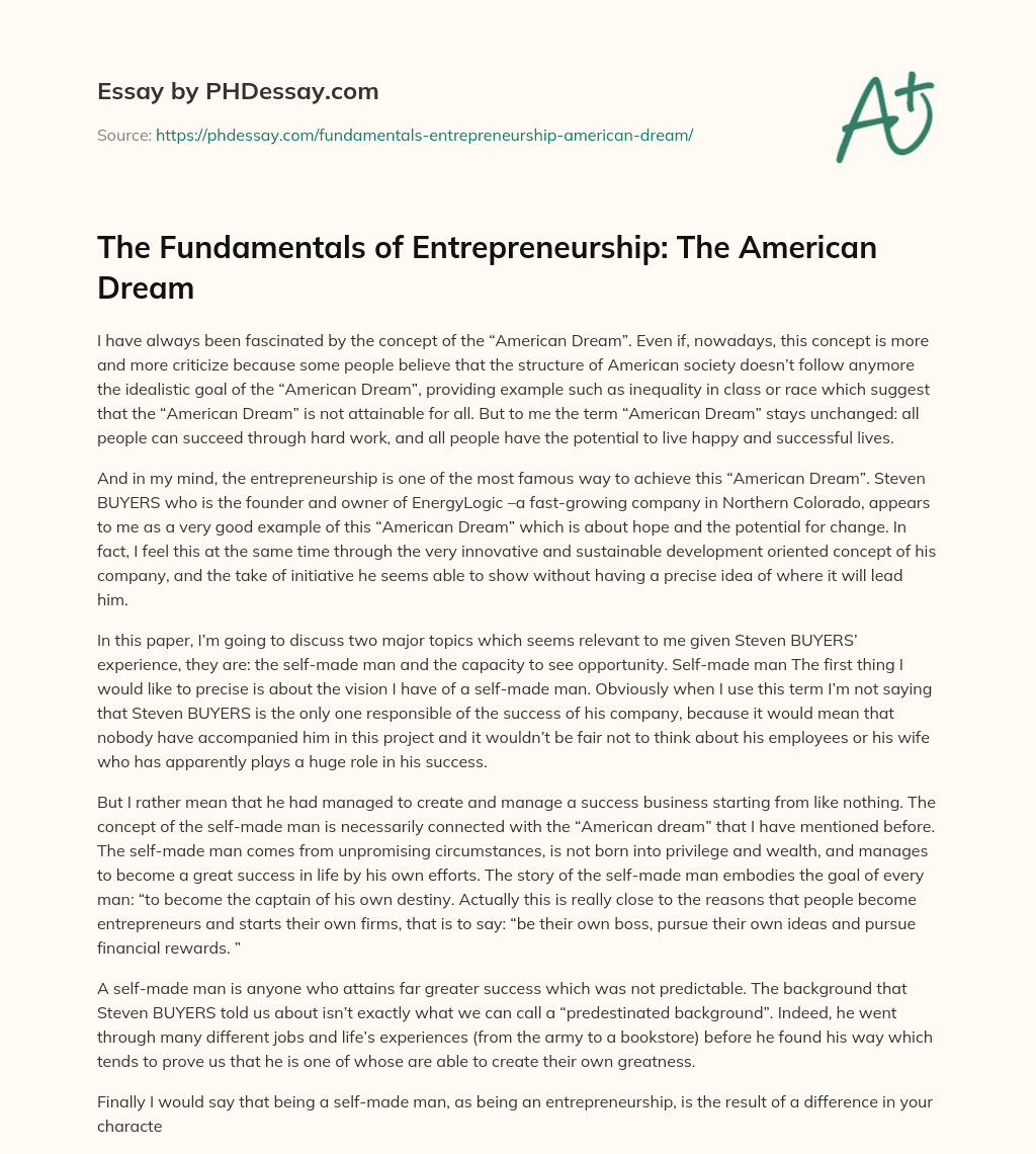 The Fundamentals of Entrepreneurship: The American Dream essay