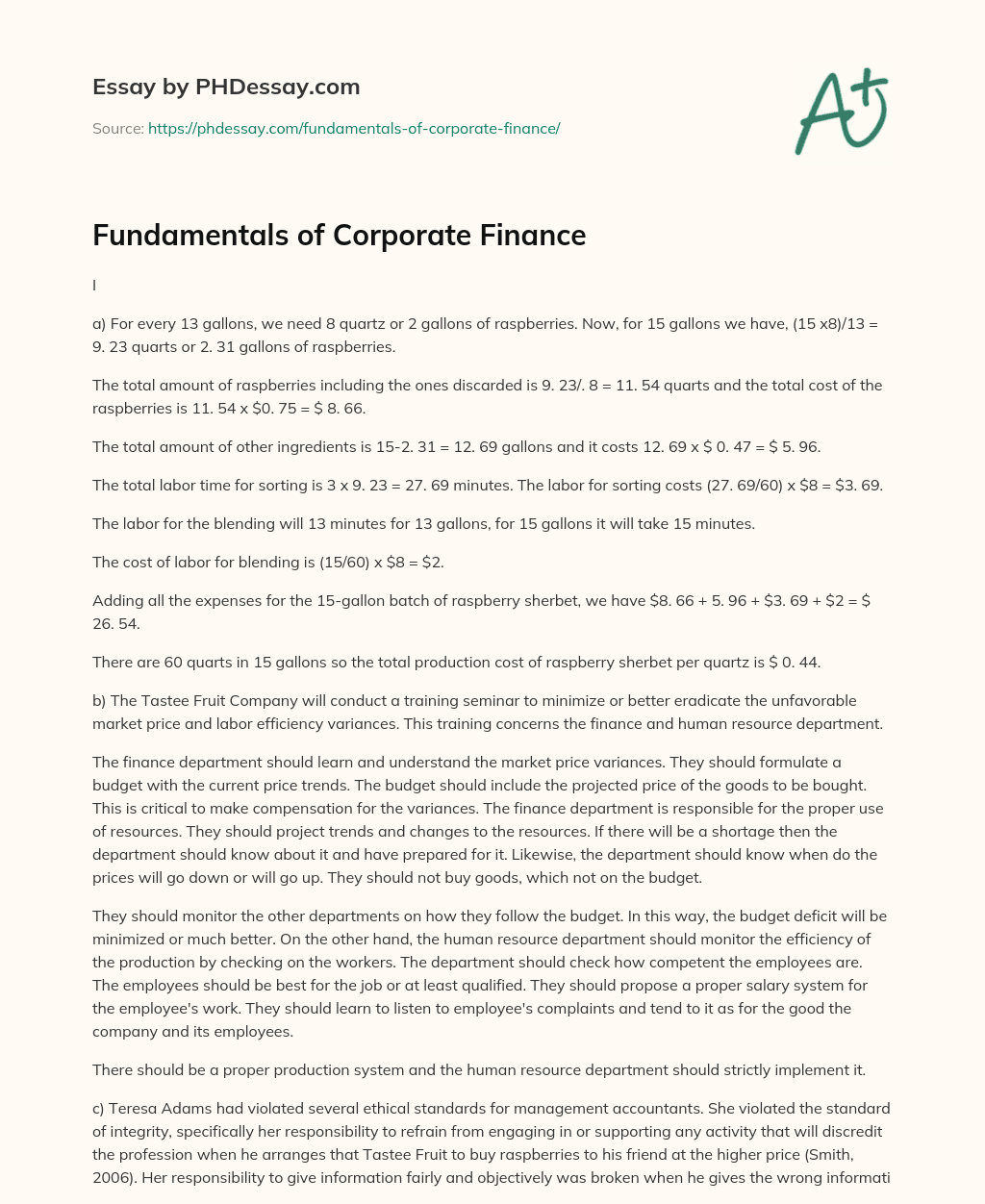 Fundamentals of Corporate Finance essay