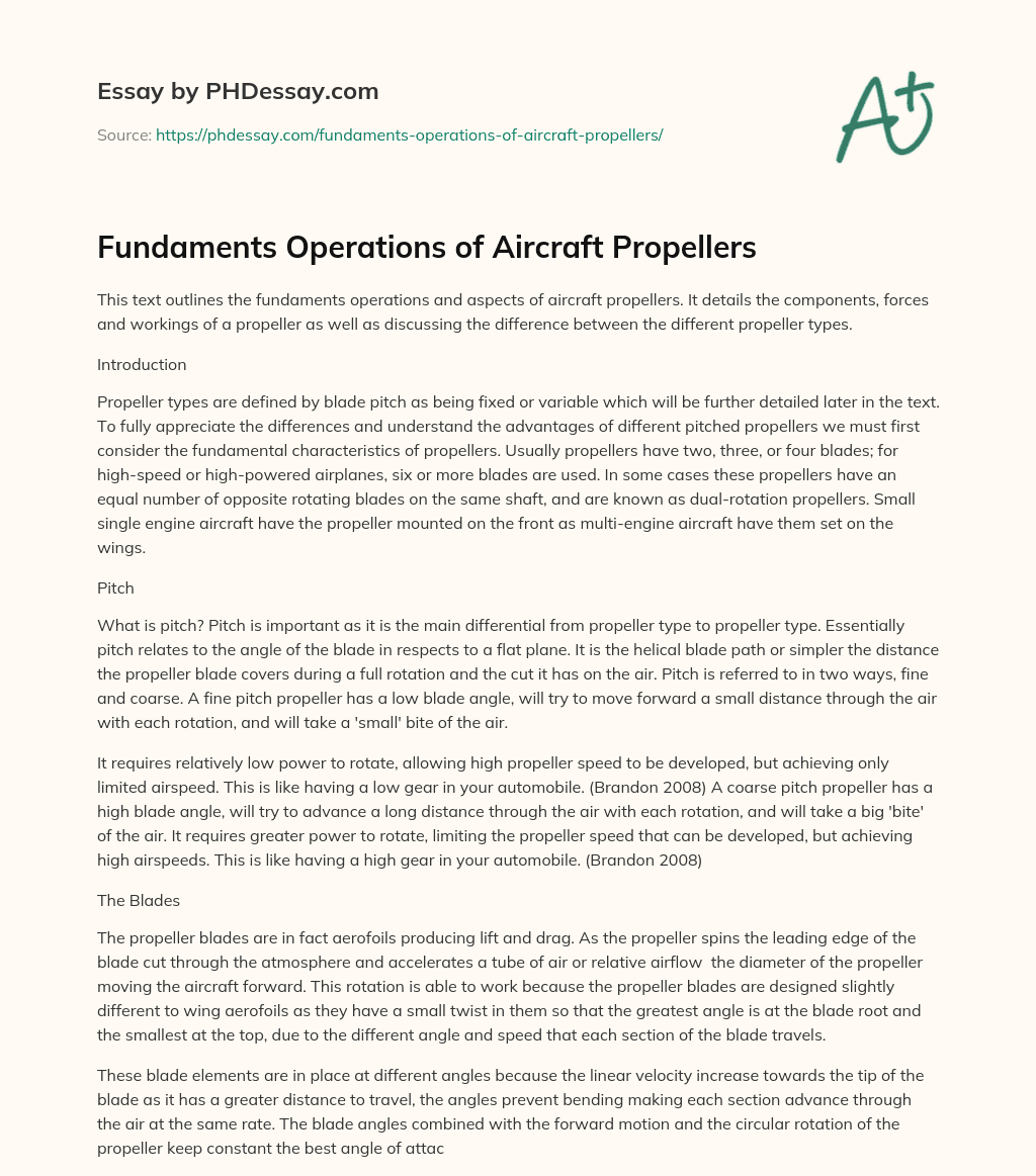 Fundaments Operations of Aircraft Propellers essay