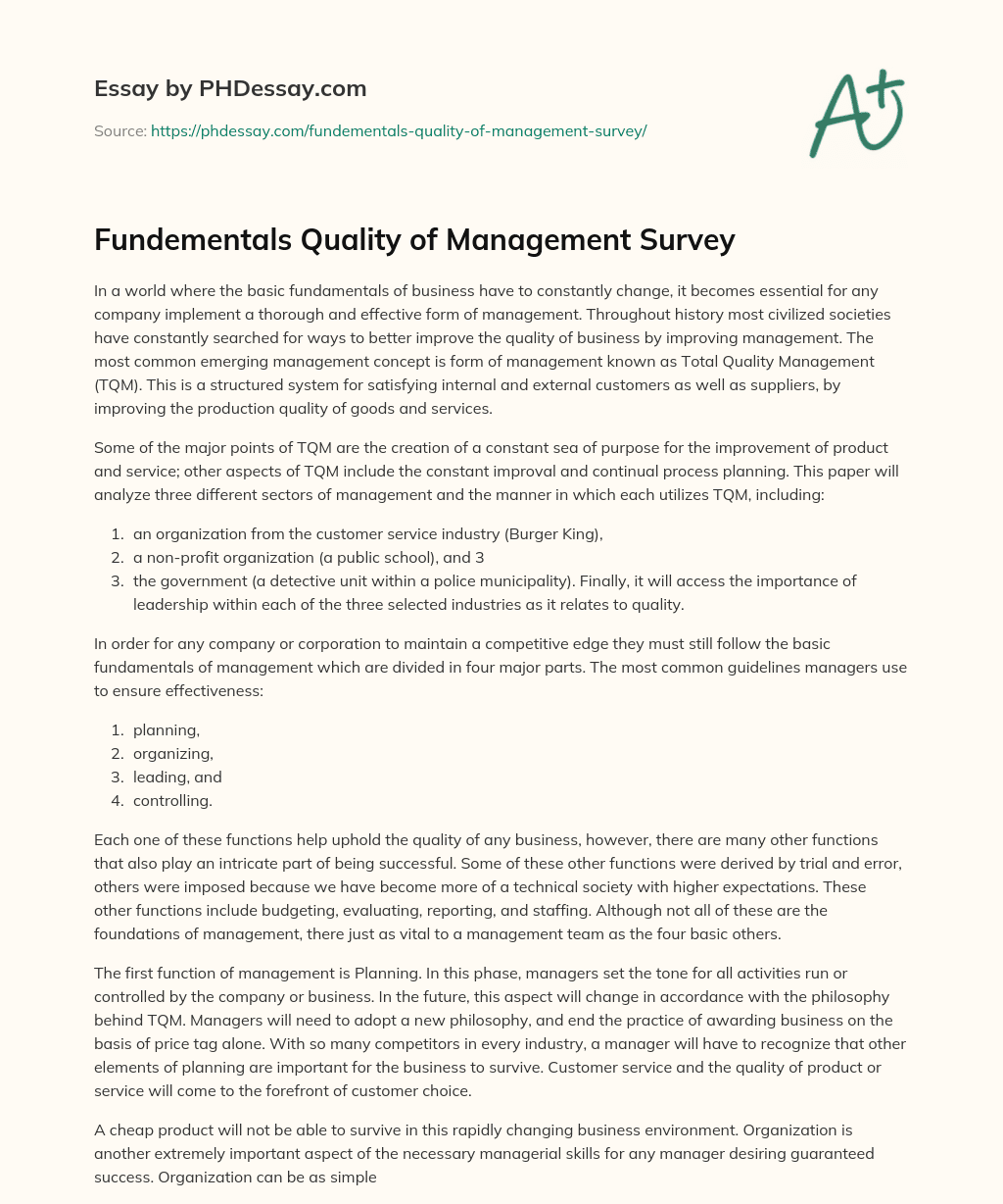 Fundementals Quality of Management Survey essay