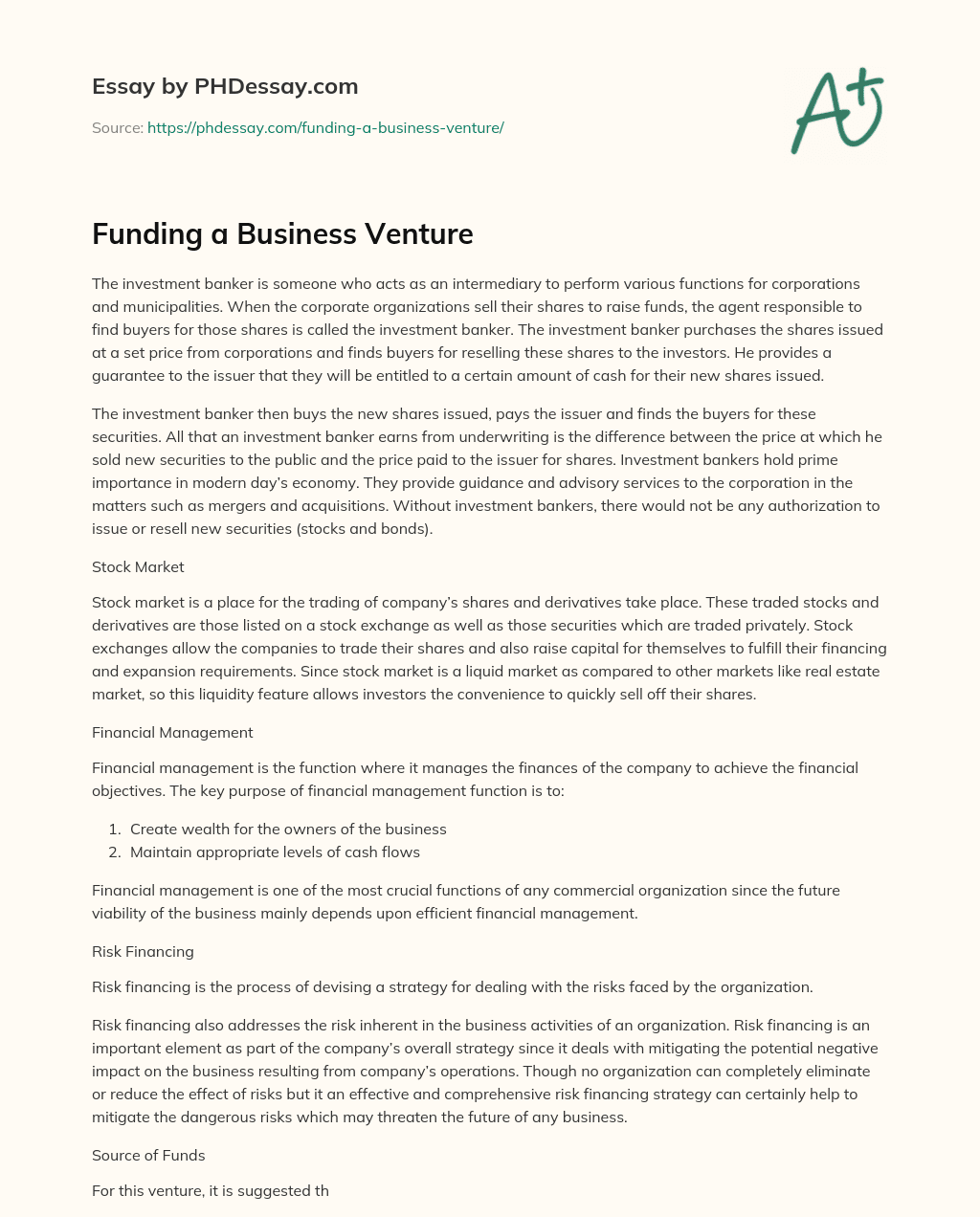 Funding a Business Venture essay