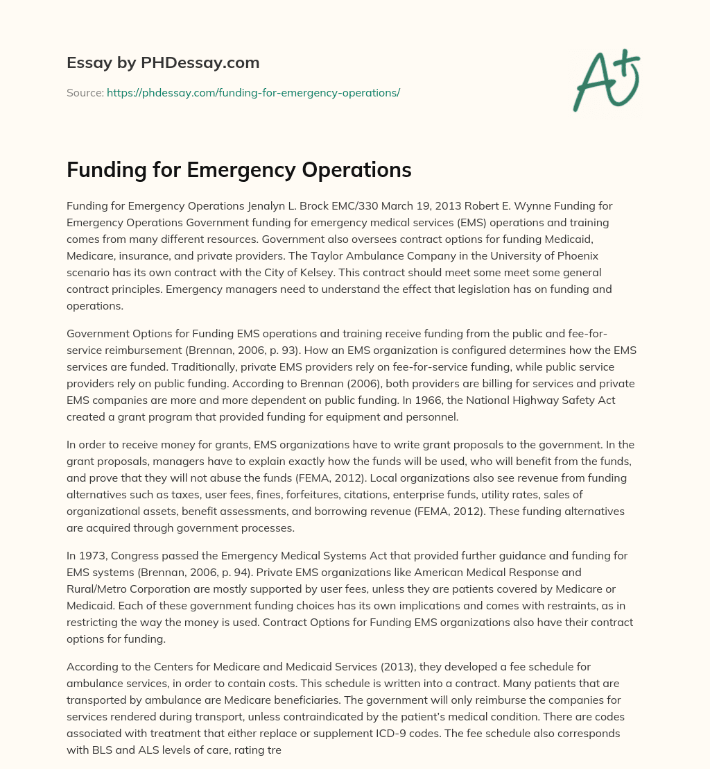 Funding for Emergency Operations essay