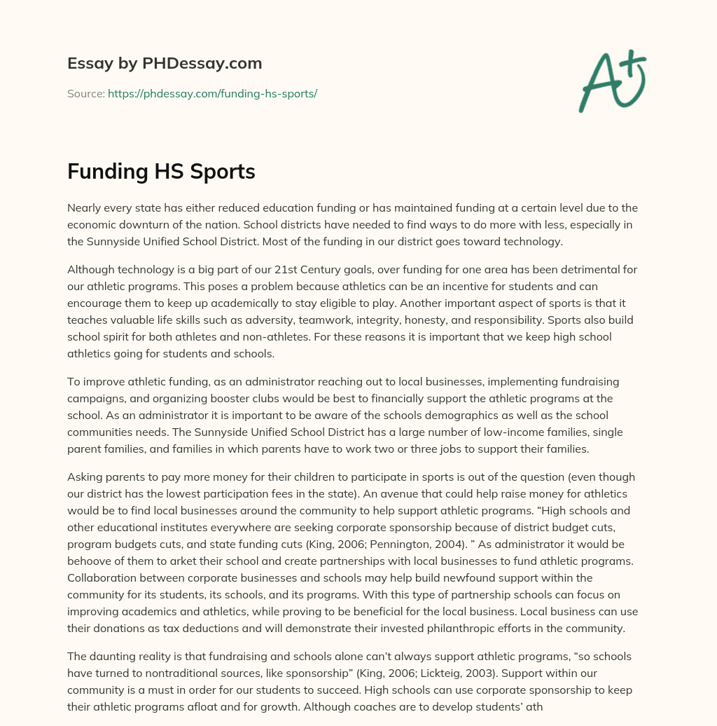 Funding HS Sports essay