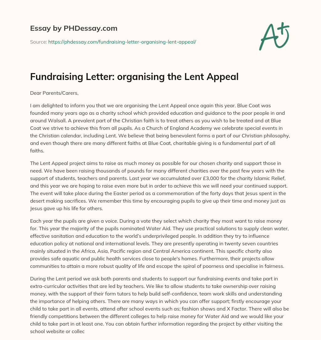 Fundraising Letter: organising the Lent Appeal essay