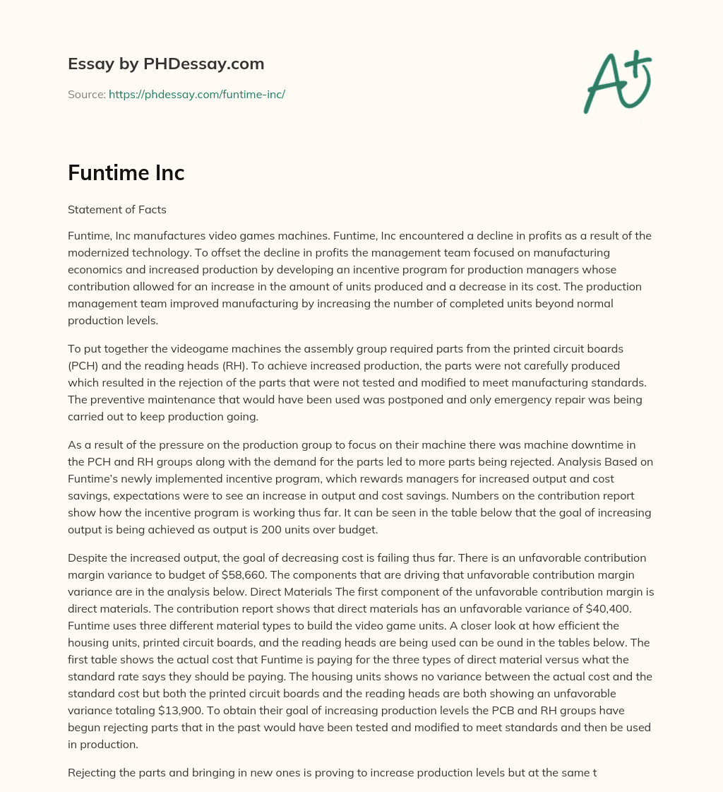 Funtime, Inc Implements Incentive Program to Increase Production and Decrease Costs Despite Quality Issues essay