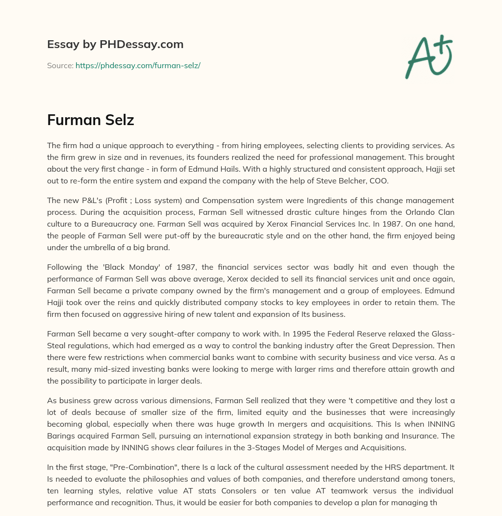 Farman Sell’s Unique Approach and Transformation under Professional Management essay