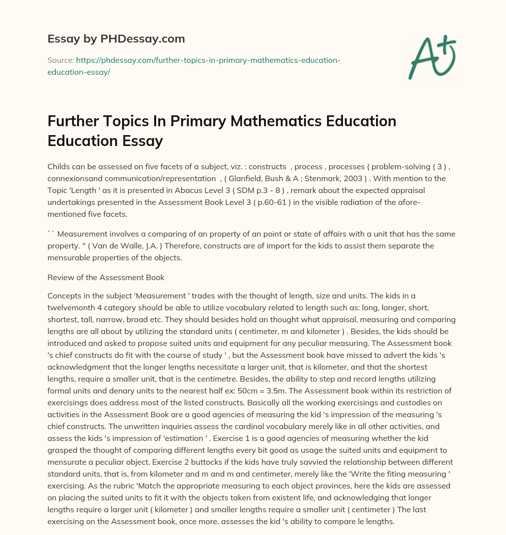 Further Topics In Primary Mathematics Education Education Essay essay