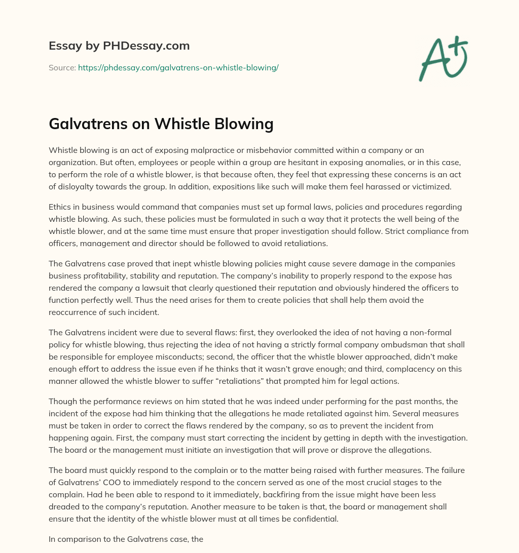 Galvatrens on Whistle Blowing essay