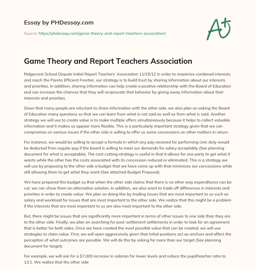 Game Theory and Report Teachers Association essay