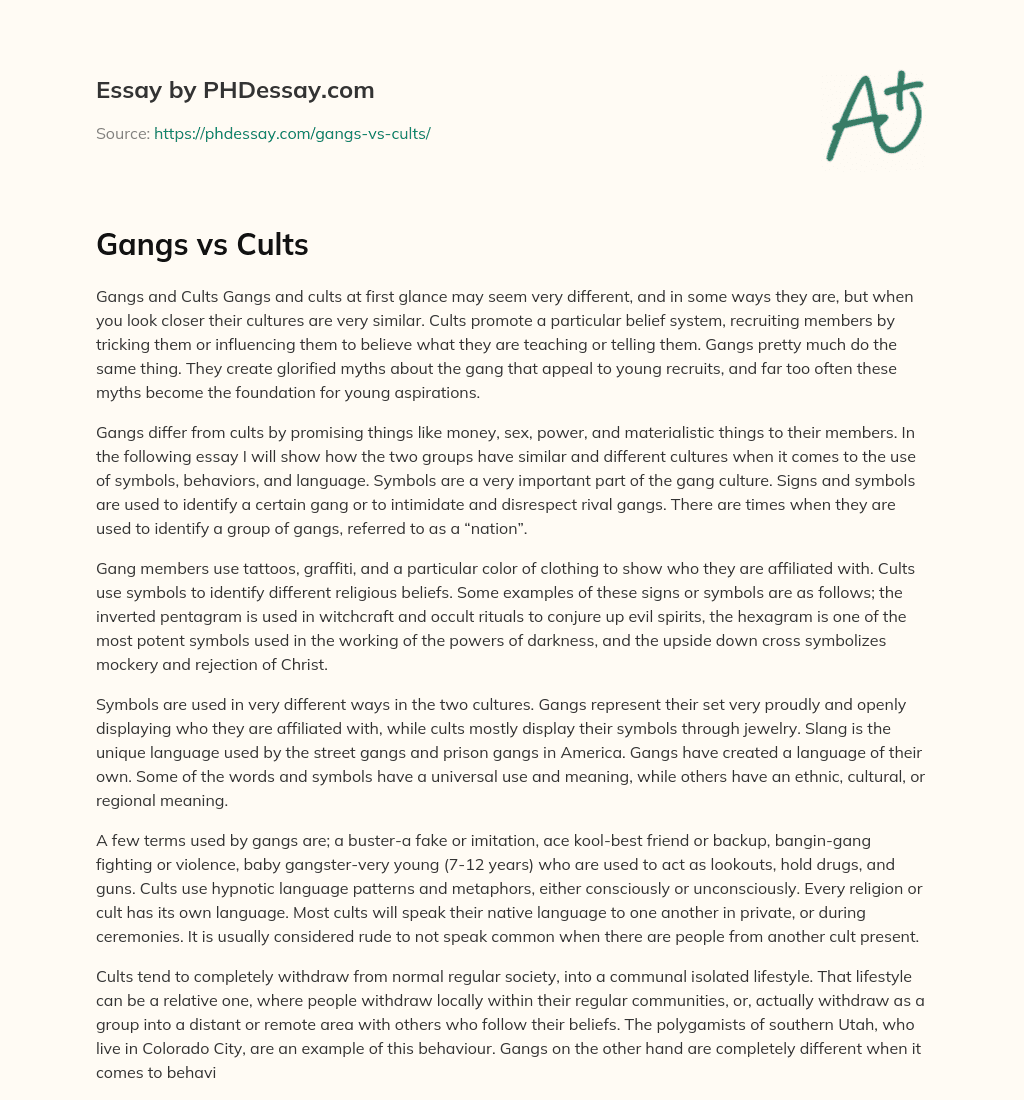 Gangs vs Cults essay