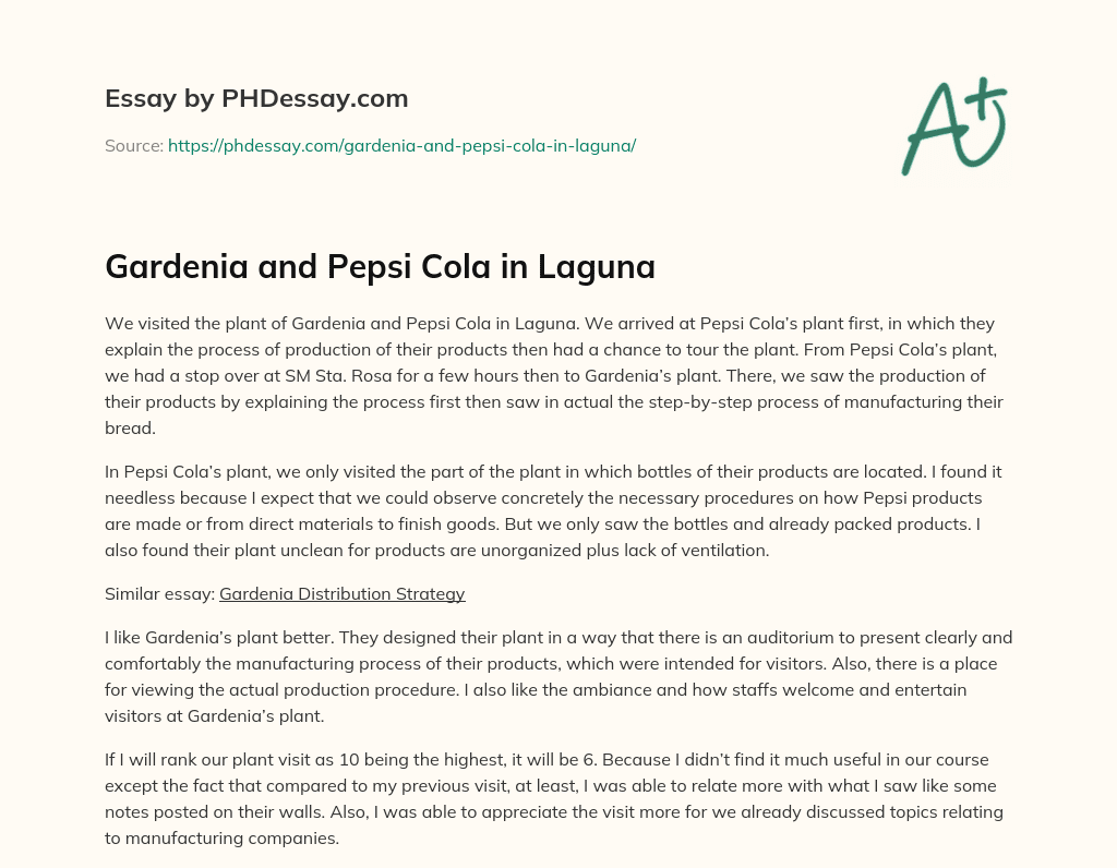 Gardenia and Pepsi Cola in Laguna essay