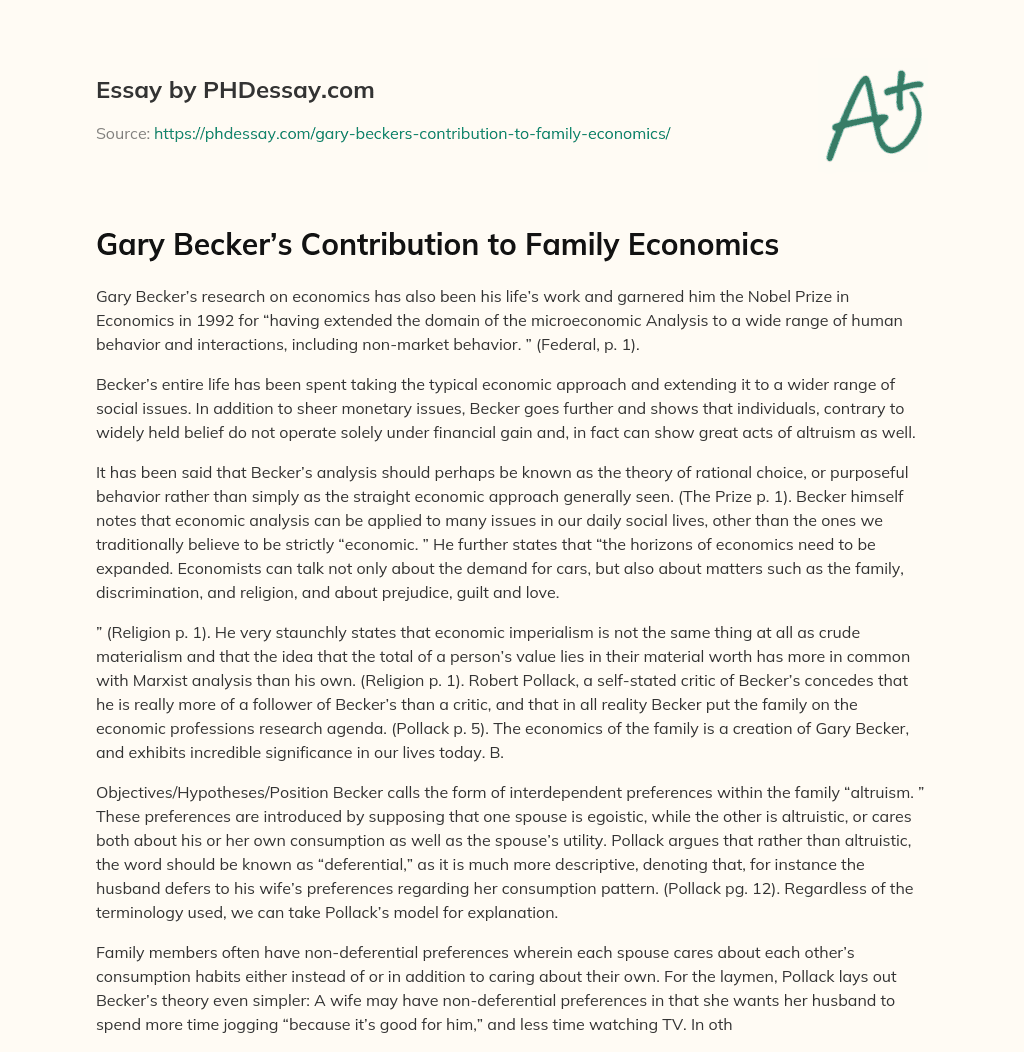 Gary Becker’s Contribution to Family Economics essay