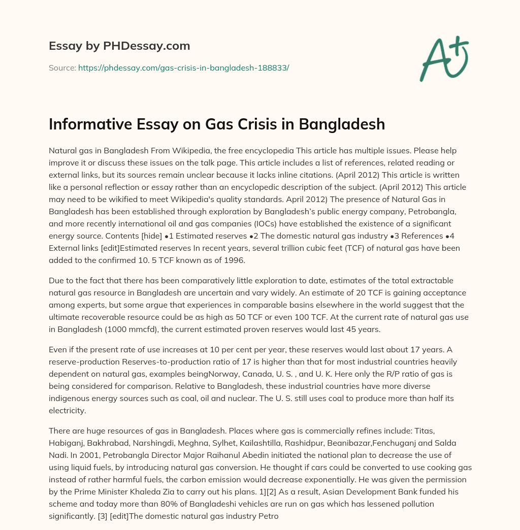 Informative Essay on Gas Crisis in Bangladesh essay