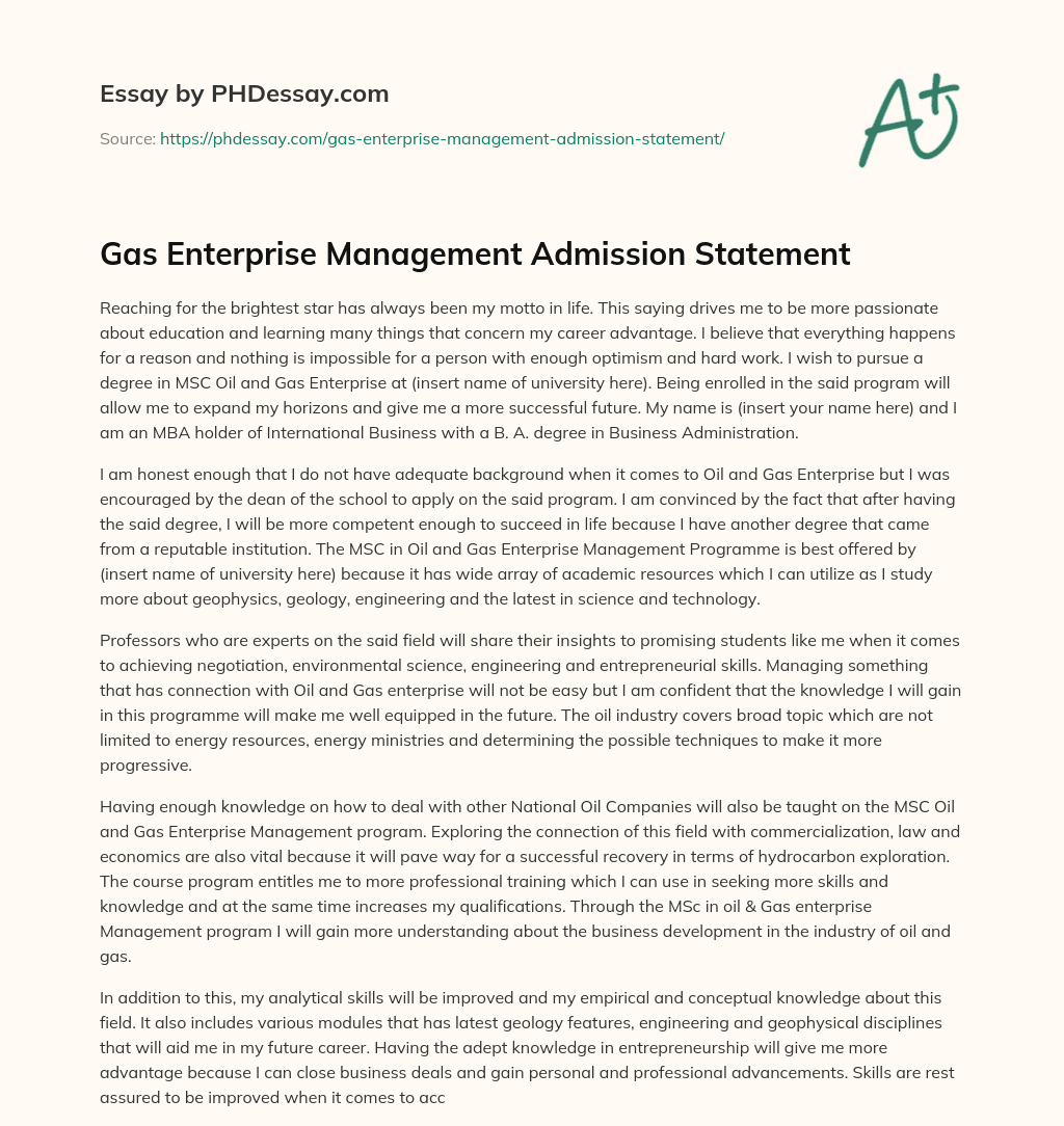 Gas Enterprise Management Admission Statement essay