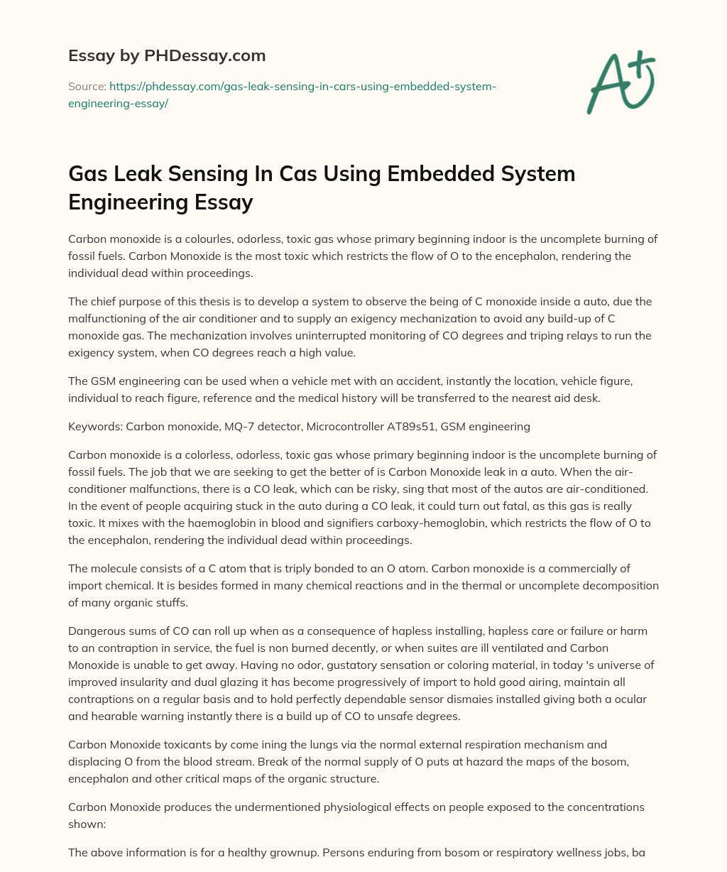 Gas Leak Sensing In Cas Using Embedded System Engineering Essay essay