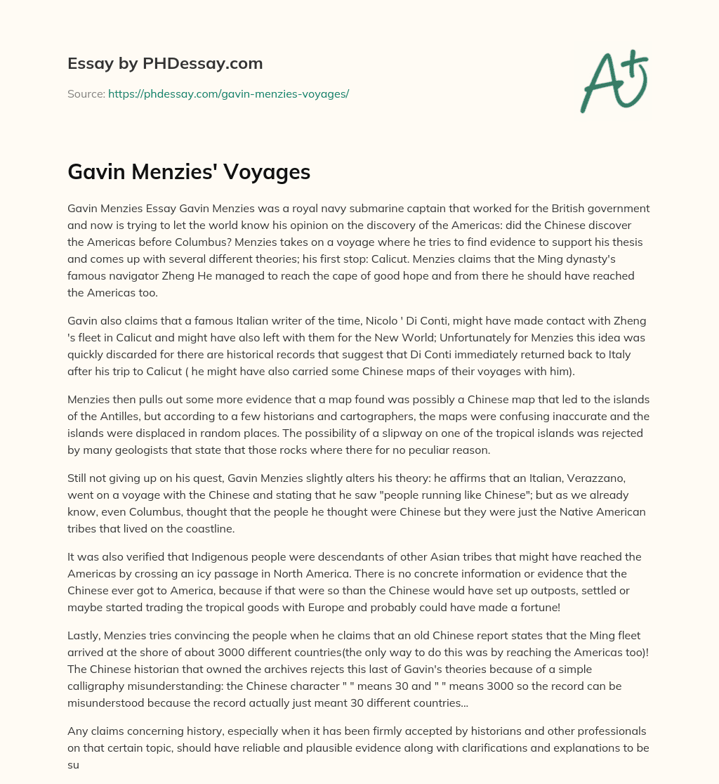 Gavin Menzies’ Voyages essay