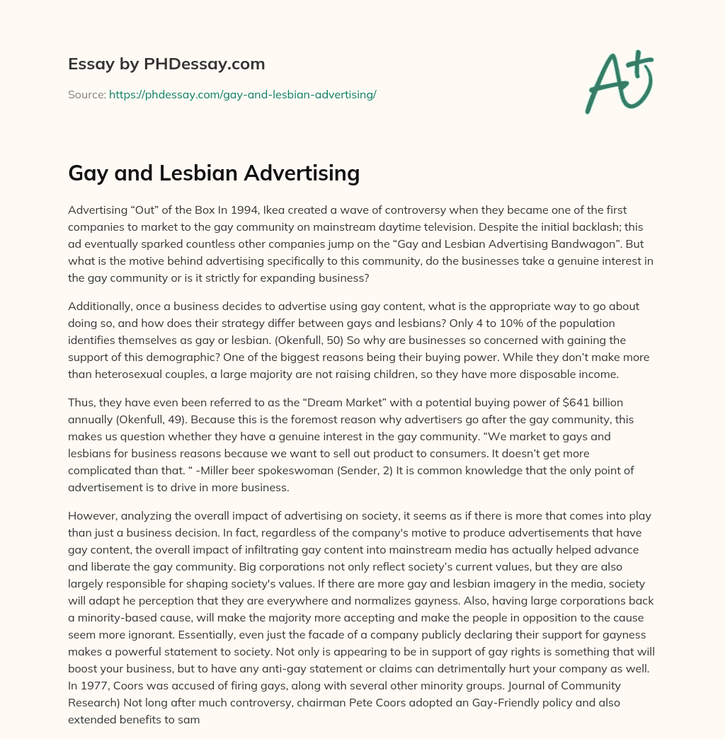 Gay and Lesbian Advertising essay