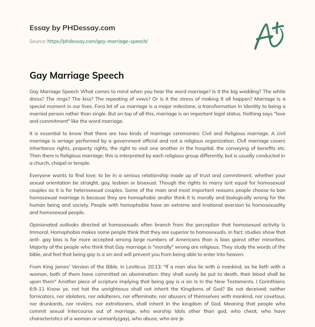 Gay Marriage Speech essay