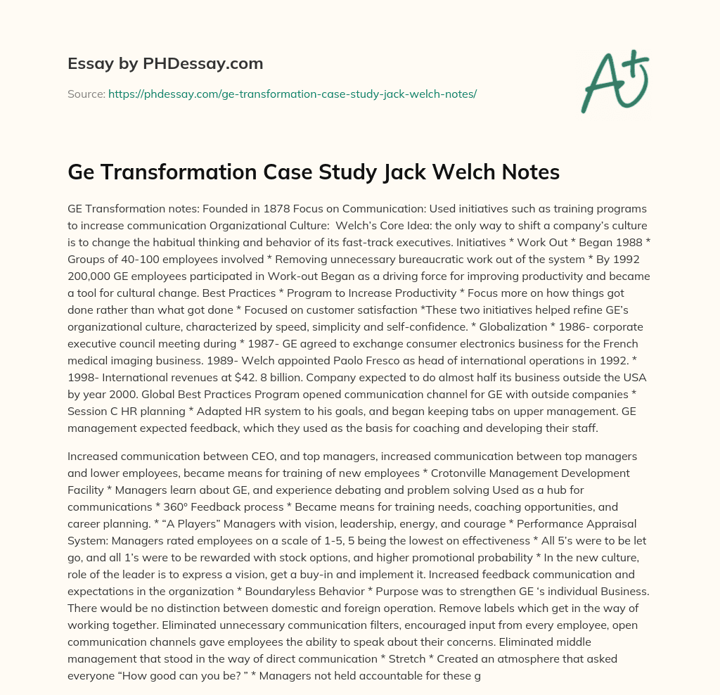 Ge Transformation Case Study Jack Welch Notes essay