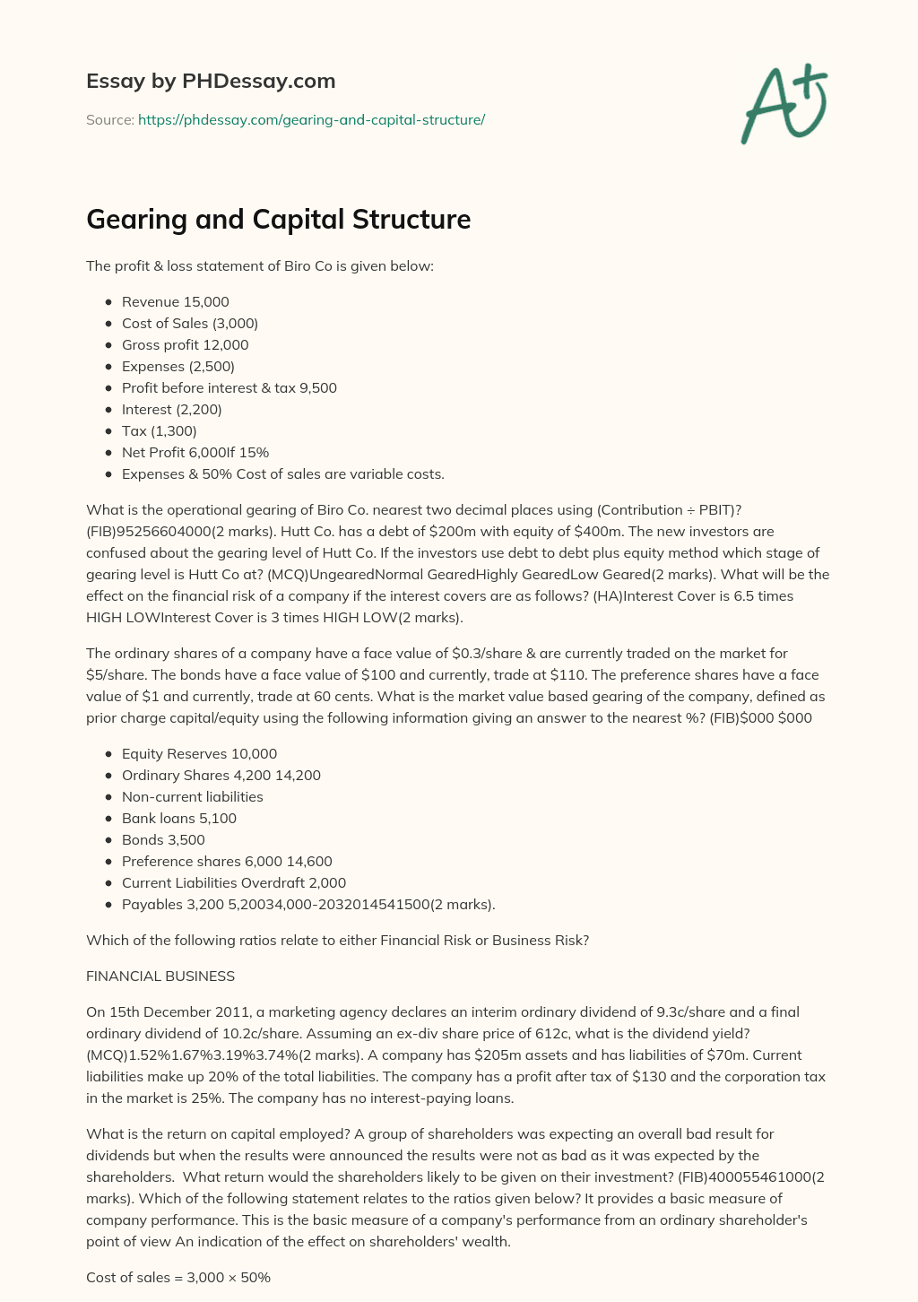 Gearing and Capital Structure: Financial Business essay
