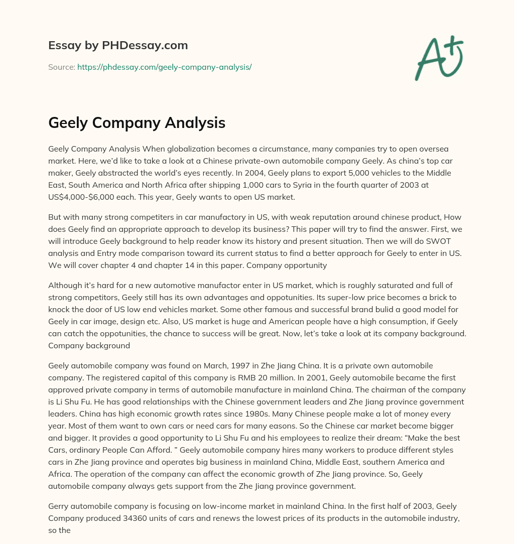 Geely Company Analysis essay