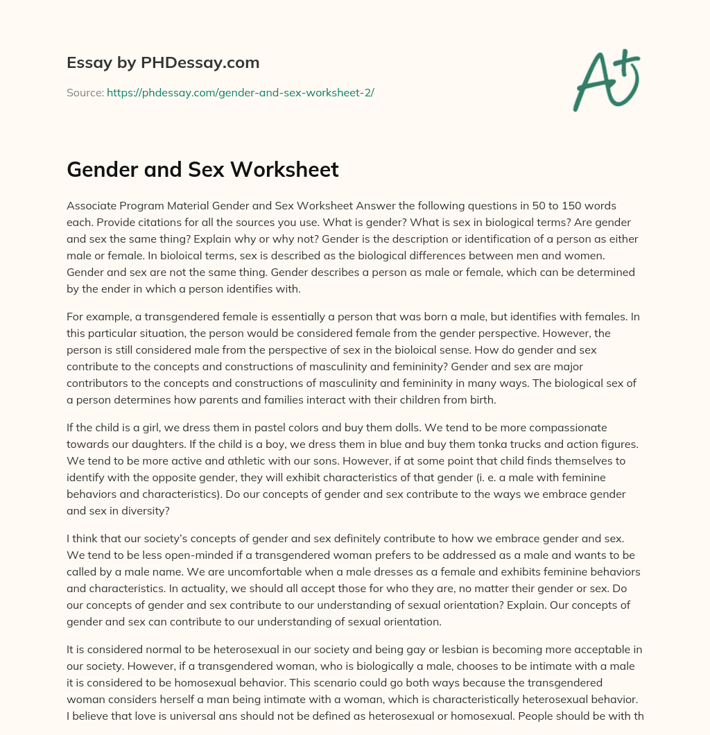 Gender And Sex Worksheet 500 Words 4921