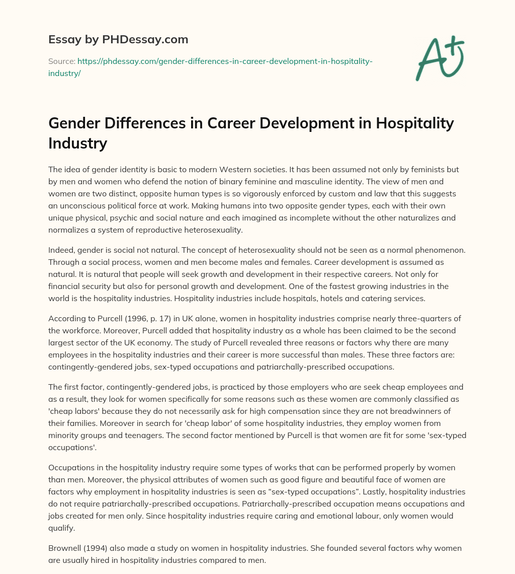 Gender Differences in Career Development in Hospitality Industry essay