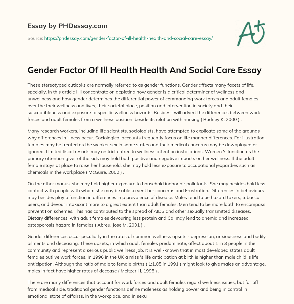Gender Factor Of Ill Health Health And Social Care Essay essay