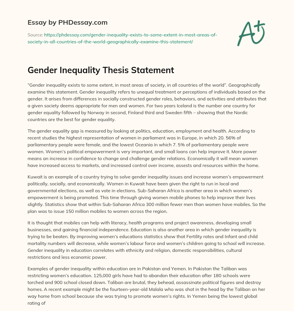 Gender Inequality Thesis Statement Essay Example PHDessay