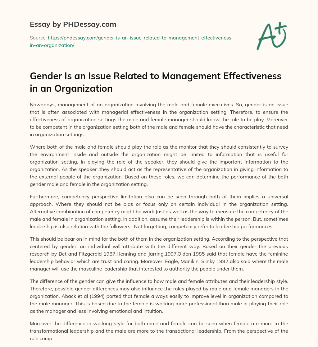 Gender Is an Issue Related to Management Effectiveness in an Organization essay