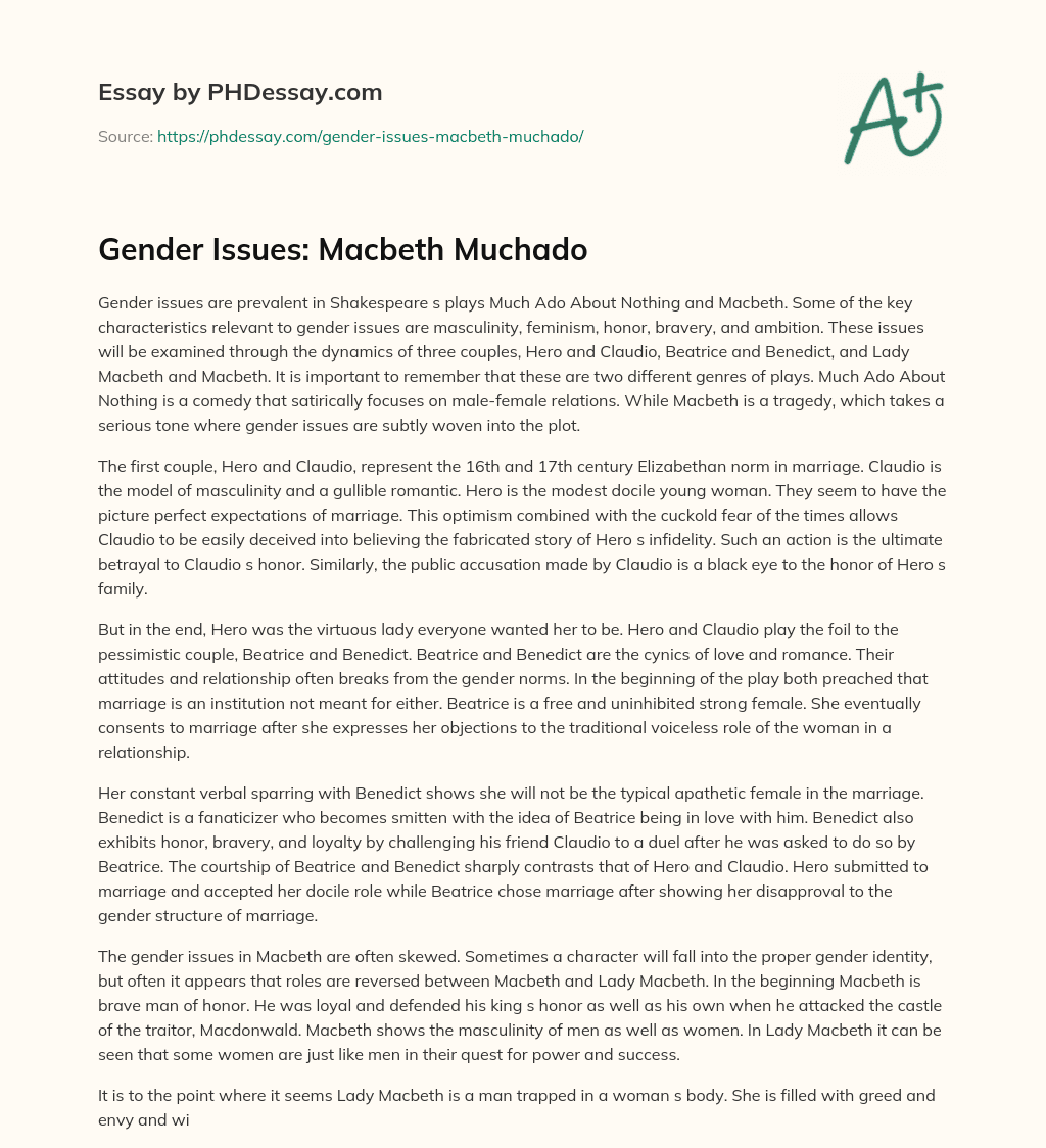 Gender Issues: Macbeth Muchado essay
