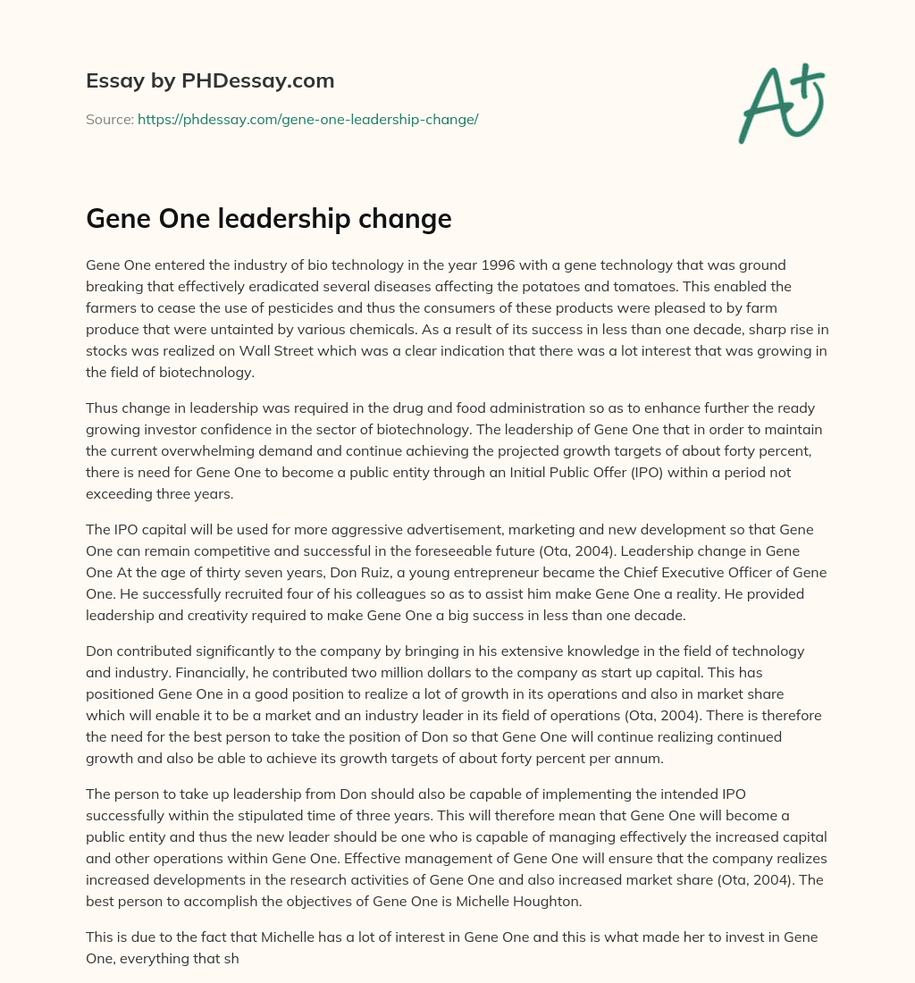 Gene One leadership change essay