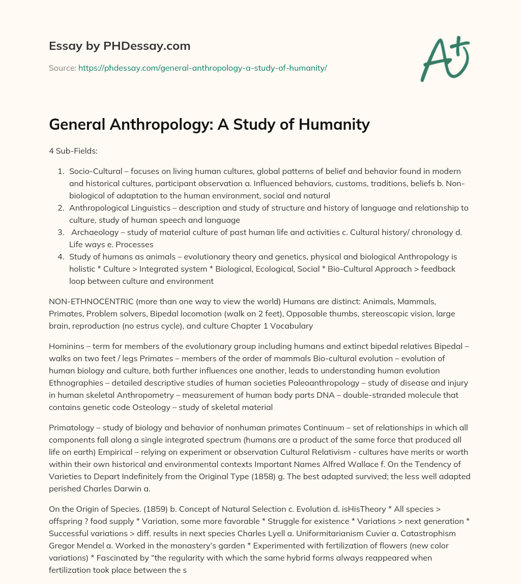 General Anthropology: A Study of Humanity essay