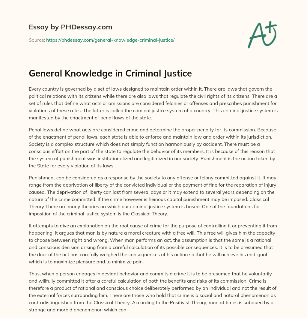 General Knowledge in Criminal Justice essay