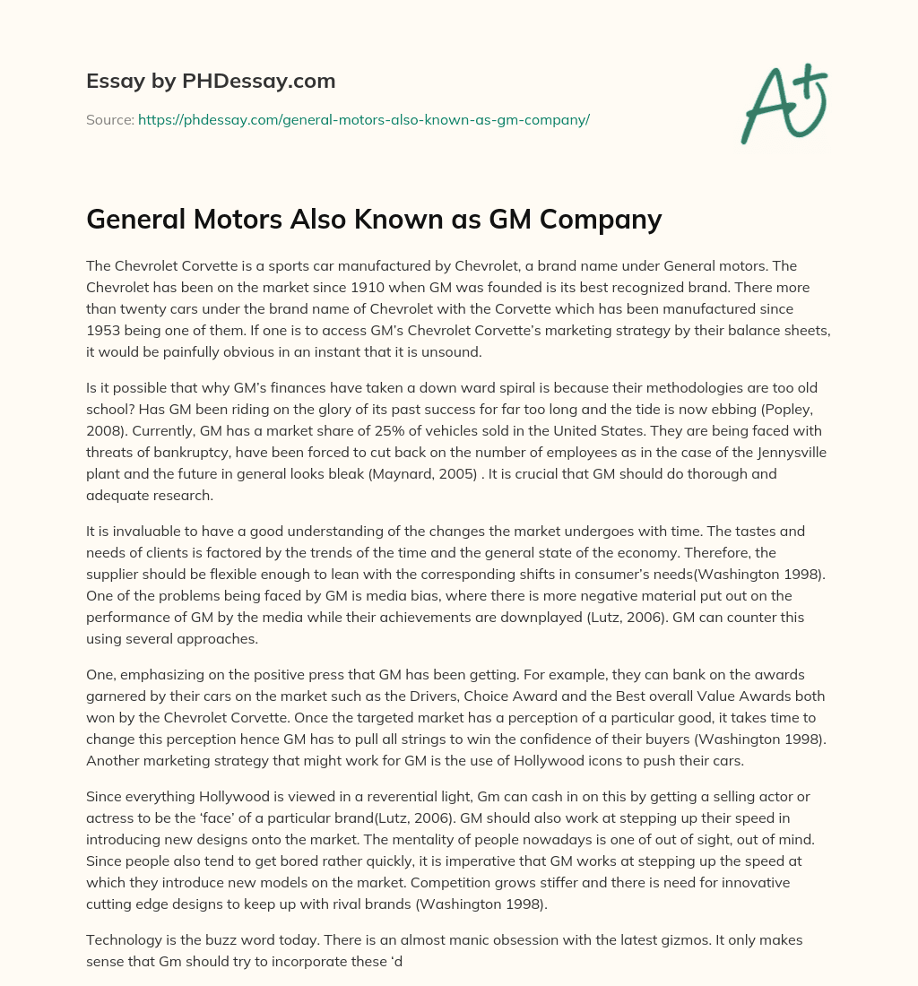 General Motors Also Known as GM Company essay