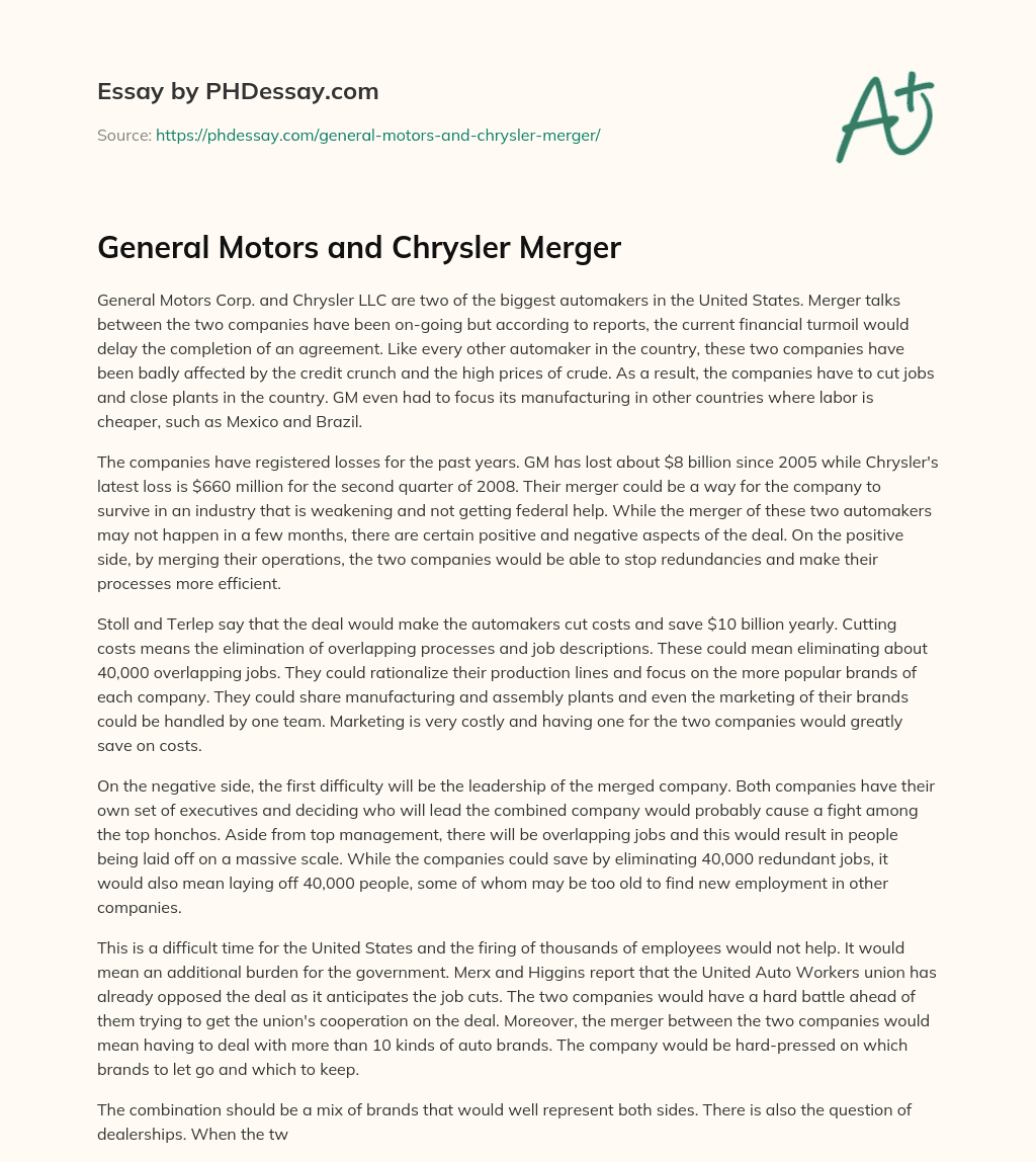 General Motors and Chrysler Merger essay