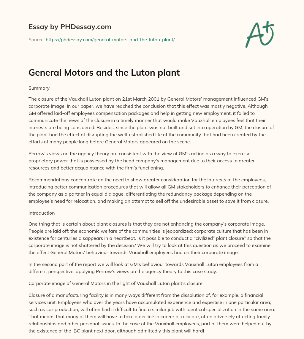 General Motors and the Luton plant essay